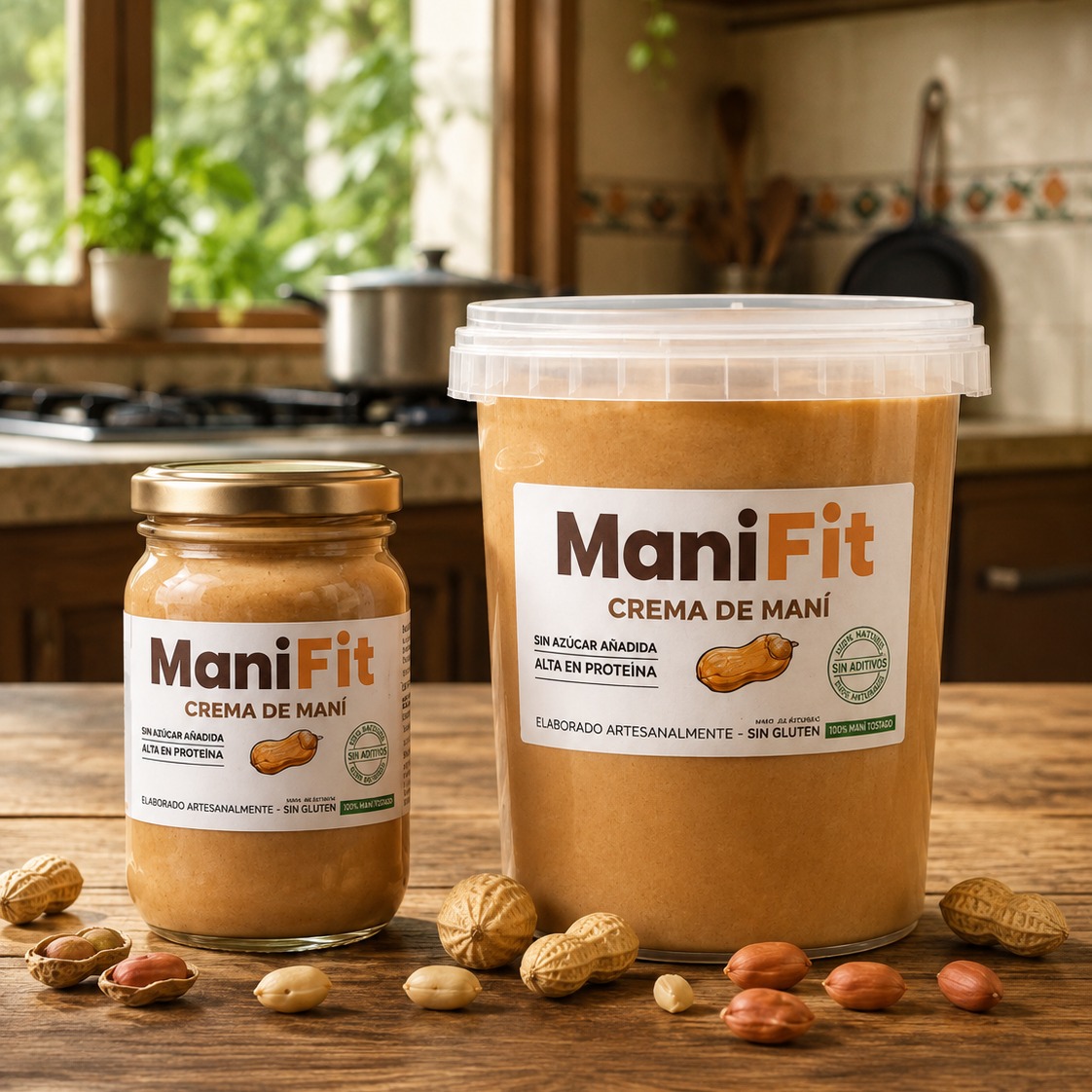 Presentaciones ManiFit 350 g y 1000 g en una cocina